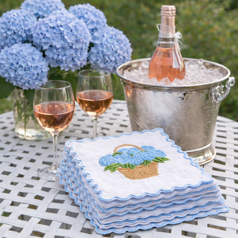 Blue Hydrangea Embroidered Cocktail Napkins | Set of 4